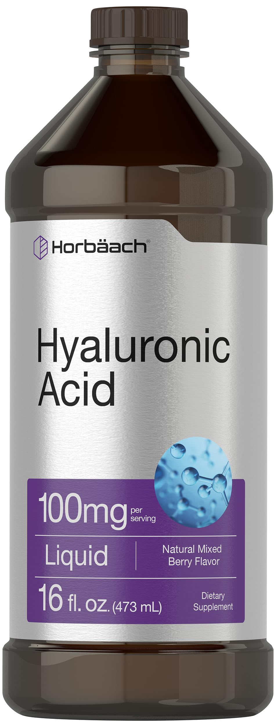 Horbäach Liquid Hyaluronic Acid Supplement | 100 mg | 16 oz | Mixed Berry Flavor | Non-GMO and Gluten Free Formula