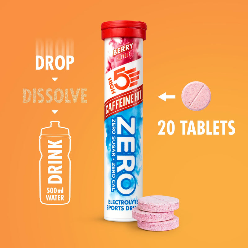 HIGH5 ZERO Caffeine Hit ElectrolyteTablet - Hydration Tablets Enhanced with Vitamin C - 0 Calories & Sugar Free - Boost Hydration, Performance & Wellness - Berry, 160 Tablets (20x, Pack of 8) 20 Count (Pack of 8)