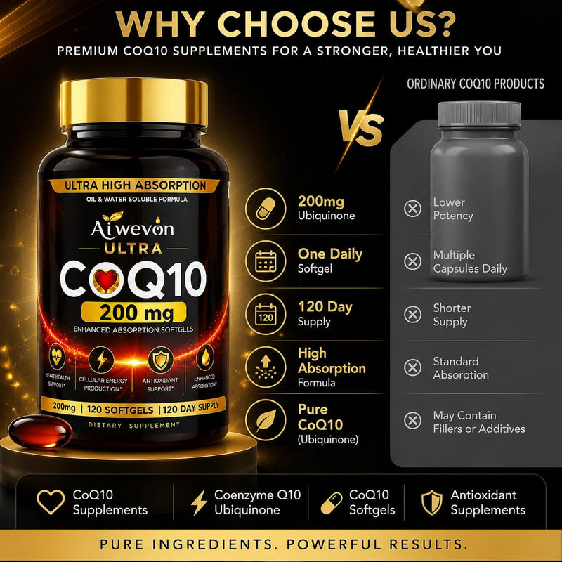 CoQ10 200mg Softgels, Coenzyme Q10 (Ubiquinone) Supplement, High Absorption Formula with Vitamin E, Antioxidant Support, Cellular Energy Support, Heart Wellness Supplement, 120 Softgels