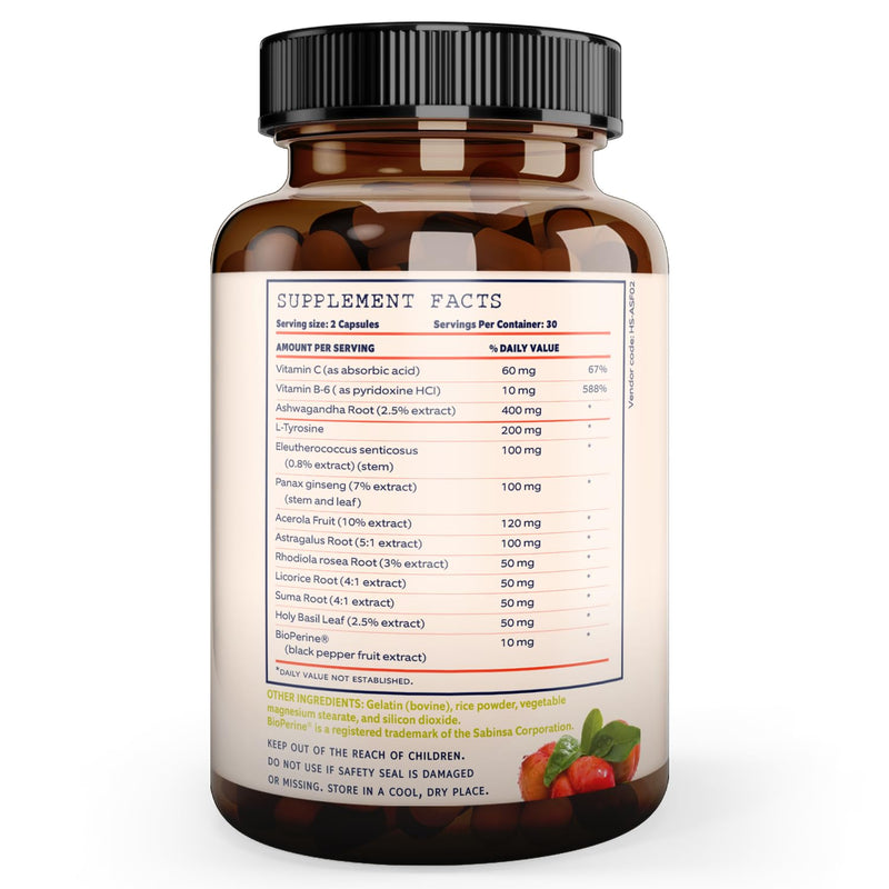 [Australia] - Adrenal Support & Cortisol Manager – Extra Strength Adrenal Fatigue Supplements for Energy, Brain Fog with Ashwagandha, Rhodiola Rosea, L Thyrosine, Holy Basil – 60 NON GMO Pills 
