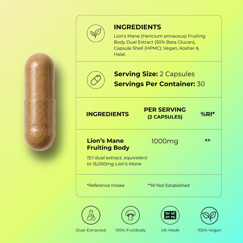 Lions Mane Mushroom Supplement | 1000mg Per Capsule | Dual Extract 50% Beta Glucan Supplements | 100% Fruiting Body | Memory & Focus | 60 Vegan Capsules | UK Made