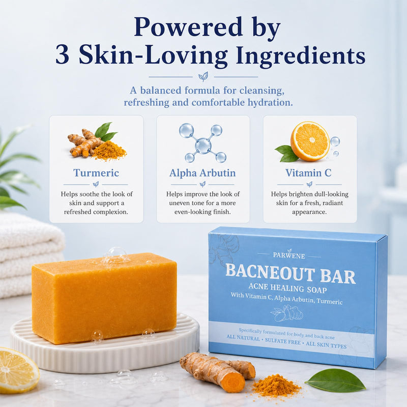 BacneOut Bar, Acne Healing Soap with Turmeric Vitamin C & Alphaarbutin, Natural Exfoliating Cleanser for Back, Face, Chest, Shoulders (2) 2