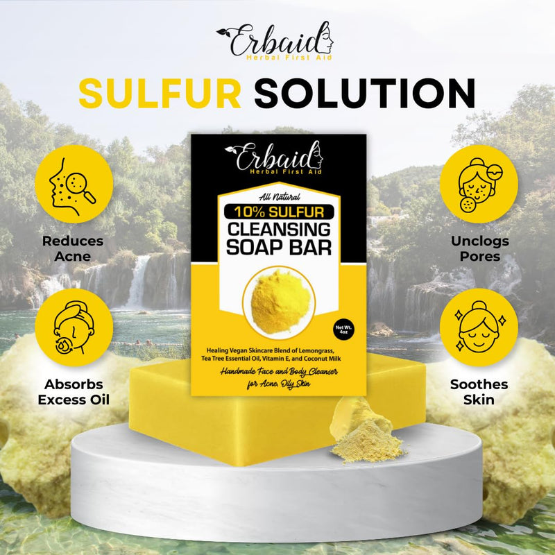 10% Sulfur Soap Cleansing Bar for Face & Body – All Natural Sulfur Facial Cleanser for Acne, Oily Skin – Skincare Blend of Lemongrass, Tea Tree Essential Oil, Vitamin E, Coconut Milk – Made in USA