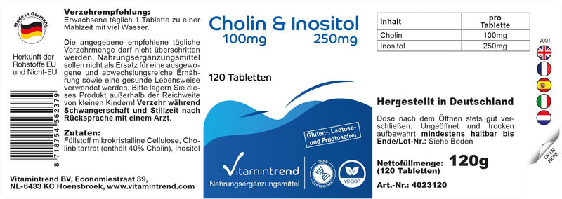 [Australia] - Choline & Inositol - with 100mg choline and 250mg inositol - 120 tablets - high dosage - vegan - bioavailable supplements from Germany | Vitamin trend 