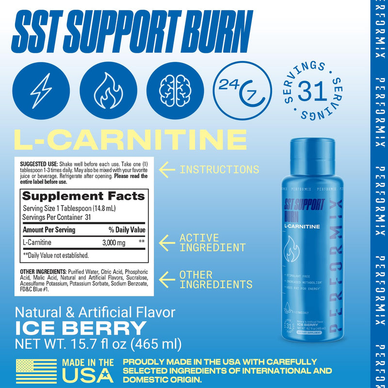 [Australia] - PERFORMIX - SST Support Burn - Fast-Acting L-Carnitine Liquid - Converts Cells Into Energy - Improves Memory & Focus - Metabolism Support - Stim Free - for Men & Women - Ice Berry - 31 Servings 15.7 Fl Oz (Pack of 1) 
