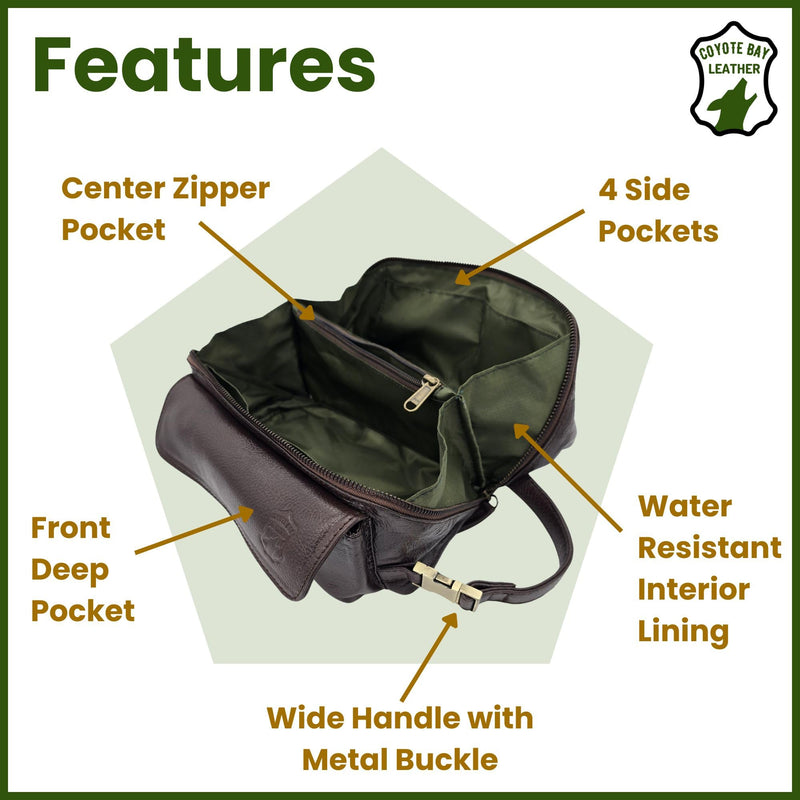 Coyote Bay® Flypouch Premium Full Grain Soft Leather Toiletry Bag, Large 9 Inch, Makeup Bag, Travel Organizer Pouch, Shaving Kit, Cosmetics Toiletry Bathroom Organizer (Brown, Large) Brown