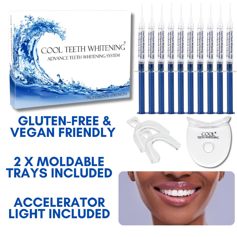 [Australia] - Teeth Whitening Kit 10 Syringes Strongest 44% Carbamide Peroxide Vegan Teeth Whitening Gel, Light and Teeth Bleaching Trays Included 