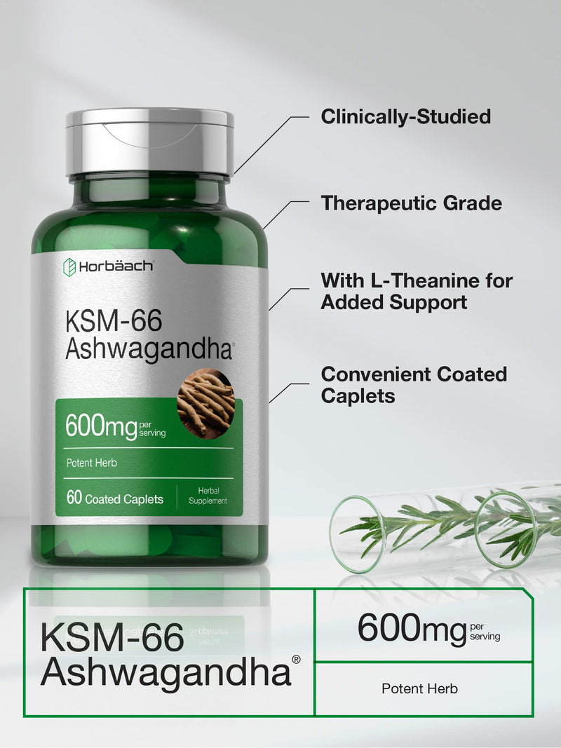 [Australia] - Horb√§ach KSM-66 Ashwagandha Supplement Caplets | 600mg | 60 Pills | with L-Theanine | for Women and Men | Vegan, Non-GMO, Gluten Free Complex Supplement 60 Count (Pack of 1) 