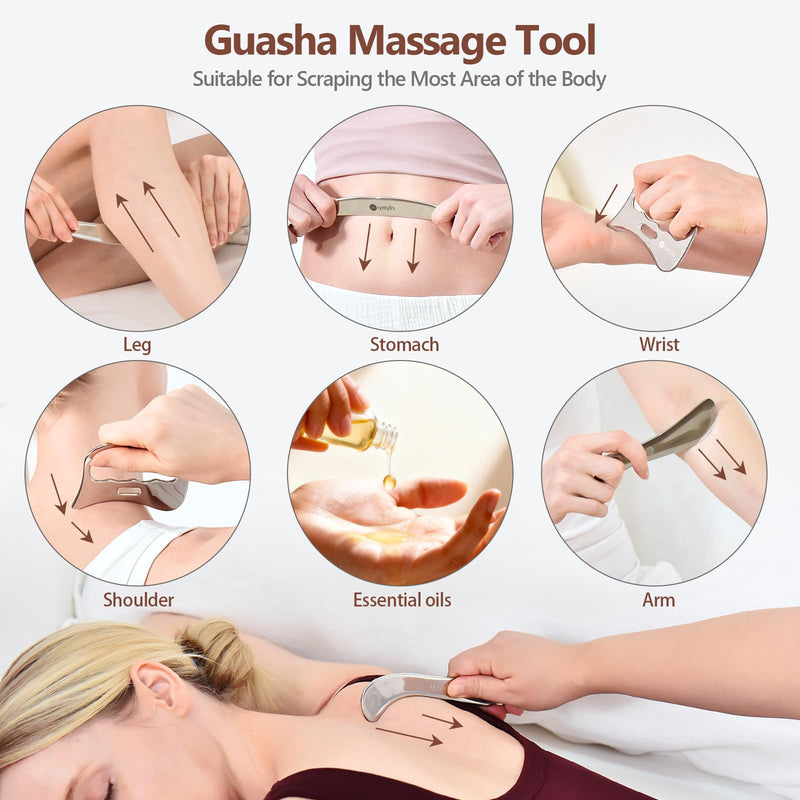 304 Stainless Steel Fascia Gua Sha for IASTM & Sore Muscle Massage | 5-in-1 set, muscle scraper, myofascial release, soft tissue mobilization, physical therapy, deep tissue, pain relief, gift