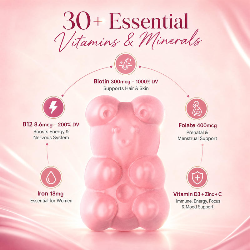 Sugar Free Multivitamin Gummies for Women 14+ with Iron, Inositol, Folate, Vitamins A C D3 E B12 K2, Herbal & Mineral Blend, Daily Vegan Gummy for Hair, Skin, Energy, Immune Support – 60 Count