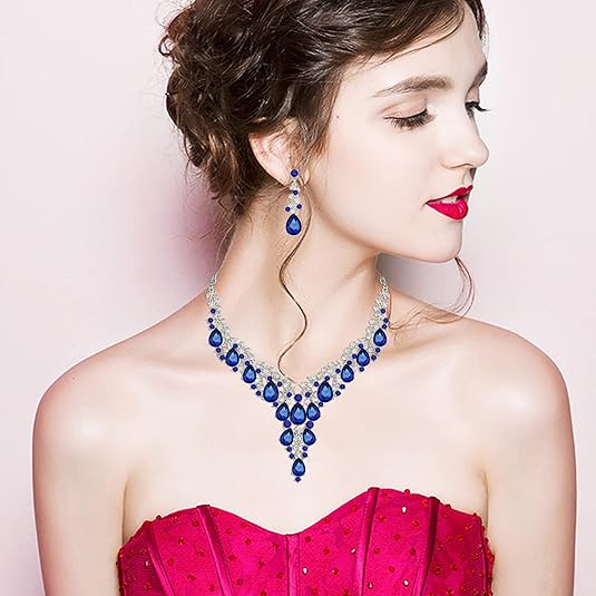[Australia] - 4 Pcs/Set Austrian Crystal Necklace Earrings Bracelet Ring Bridal Jewelry Sets for Brides Wedding Party Costume Accessories Gifts for Women white gold plated-royal blue 