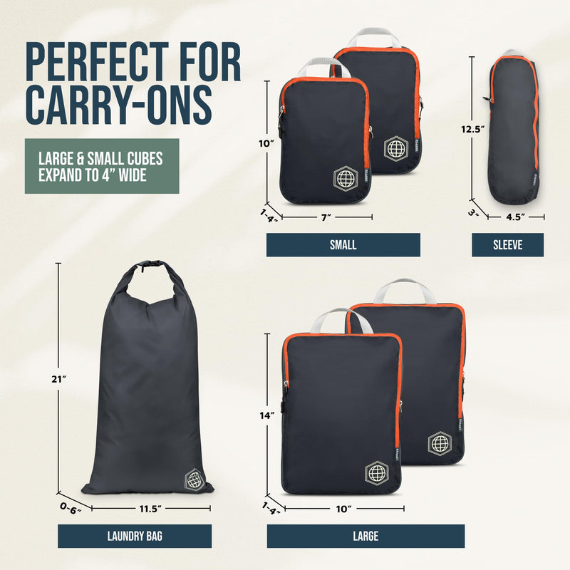 TRIPPED Travel Gear Compression Packing Cubes for Carry-On Travel 6-Pack | Ultralight Ripstop Packing Cubes with Compression Zippers for Organized Carry-On Luggage, Backpack, and Travel Packing 6 Piece Volcano (Grey and Orange) Carry On Set
