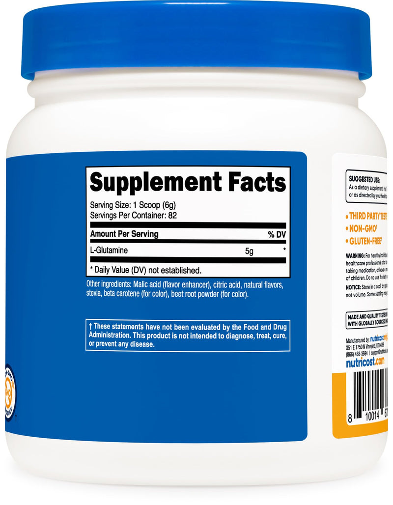 [Australia] - Nutricost L-Glutamine Powder Sweetened with Stevia (500 Grams, Peach Mango) - Supplement for Gut Support, 5 Grams of L-Glutamine Per Serving - Gluten Free, Non-GMO 1.12 Pound (Pack of 1) 
