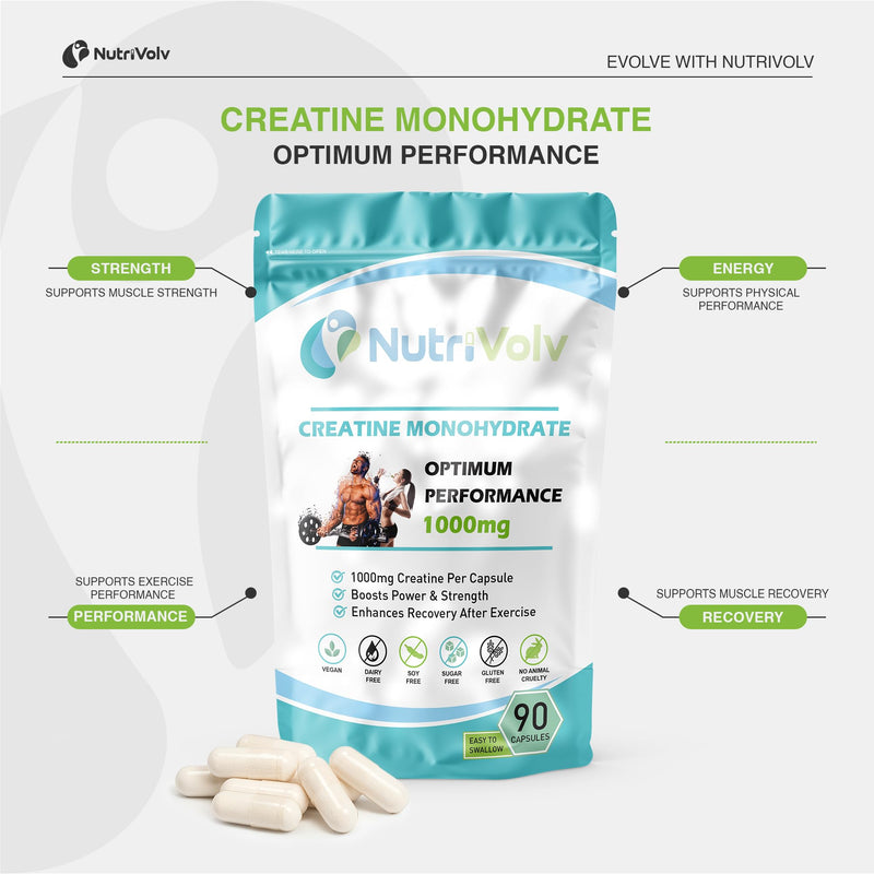 Creatine Monohydrate 1000mg | 90 Capsules | Supports Muscle Strength, Recovery, Power & Explosive Performance | Enhances Energy, Endurance & Training Intensity | High Strength | UK Made | by NutriVolv