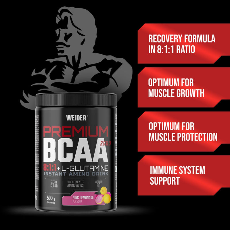 Premium BCAA 8:1:1+L-Glutamine (500g) Pink Lemonade Flavour, Recovery Combination of Amino Acids with Kyowa Quality® L-Glutamine, Vitamin B6, Increases and Protects Muscle Mass, Zero Sugar, Vegan 500g