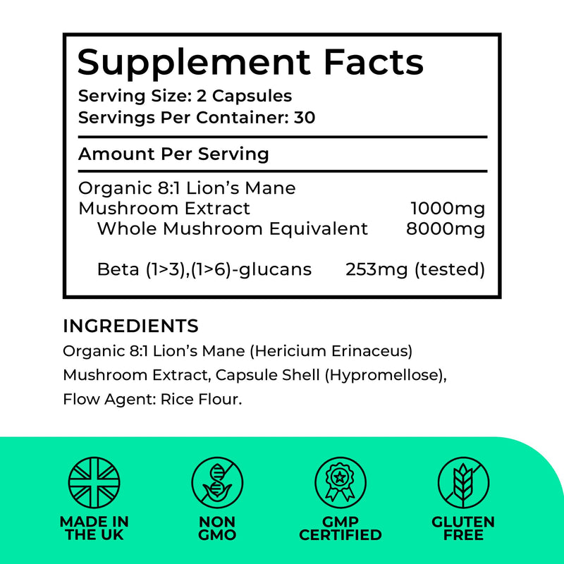 Organic Lions Mane Supplement High Strength, 60 Capsules, Premium 8:1 Mushroom Extract from Fruiting Body, No Fillers, for Mental Clarity, Focus, Attention, Love Life Supplements