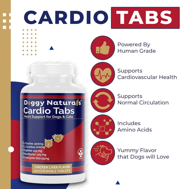 Cardio Tabs Heart Support Supplement for Dogs - Aids Cardio Support and Cardio Strength Supplement for Dog, L-Taurine, L-Carnitine, Hawthorn, L Arginine, Coenzyme Q10 - Made in USA - 120 Tablet - PawsPlanet Australia