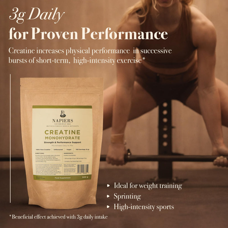 Napiers Creatine Monohydrate Powder - 100% Pure Micronised Creatine - Unflavoured Vegan Strength and Performance Support - 500g (100 Servings)