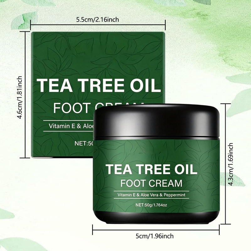 Tea Tree Oil Foot Cream 50g, with Vitamin E, Aloe Vera & Peppermint, Nourishing & Hydrating Foot Balm for Dry Feet Care, Travel-Size Foot Care Products (2PCS)