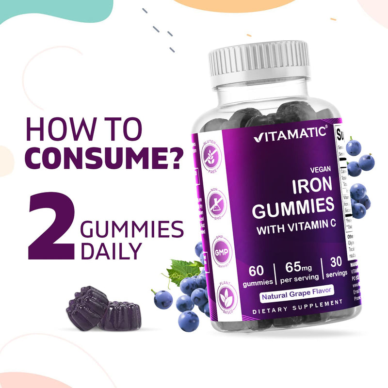 [Australia] - Vitamatic Iron 65 mg Gummies Supplement for Women & Men - 60 Vegan Gummies - Great Tasting Iron Gummy Vitamins with Vitamin C (1) 1 