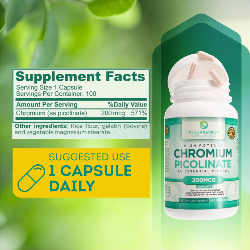 [Australia] - PurePremium Chromium Picolinate 200mcg - High Potency Chromium Supplements - Essential Mineral Health Support for Men & Women - Gluten-Free - 3 Months Supply - 100 Capsules 1 Count (Pack of 100) 