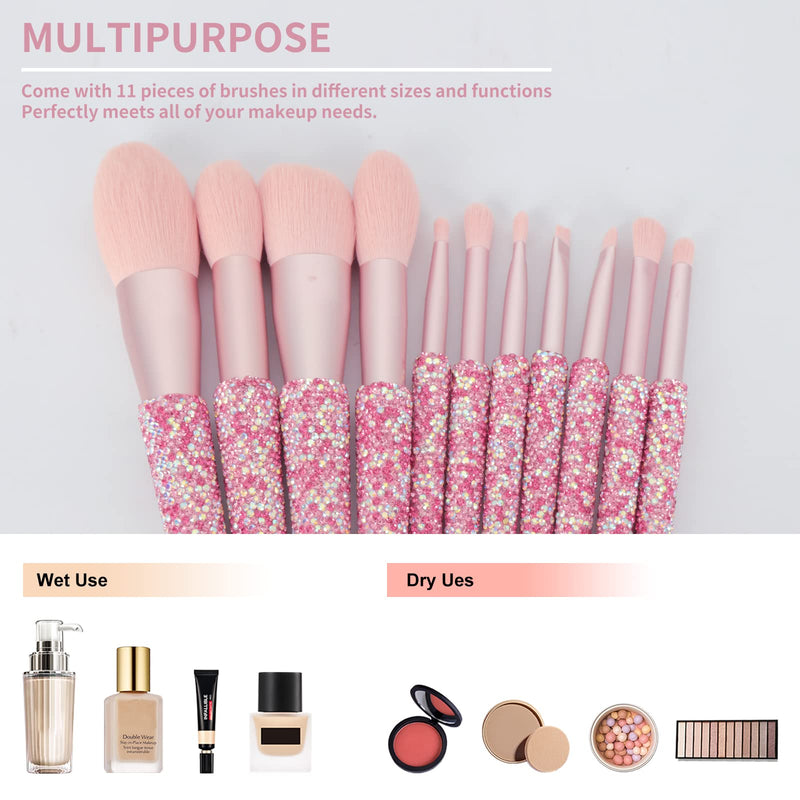 KEYPOWER Large Capacity Glitter Sequin Cosmetic Bag Black & 11PCS Makeup Brushes Bling Crystal AB Pink