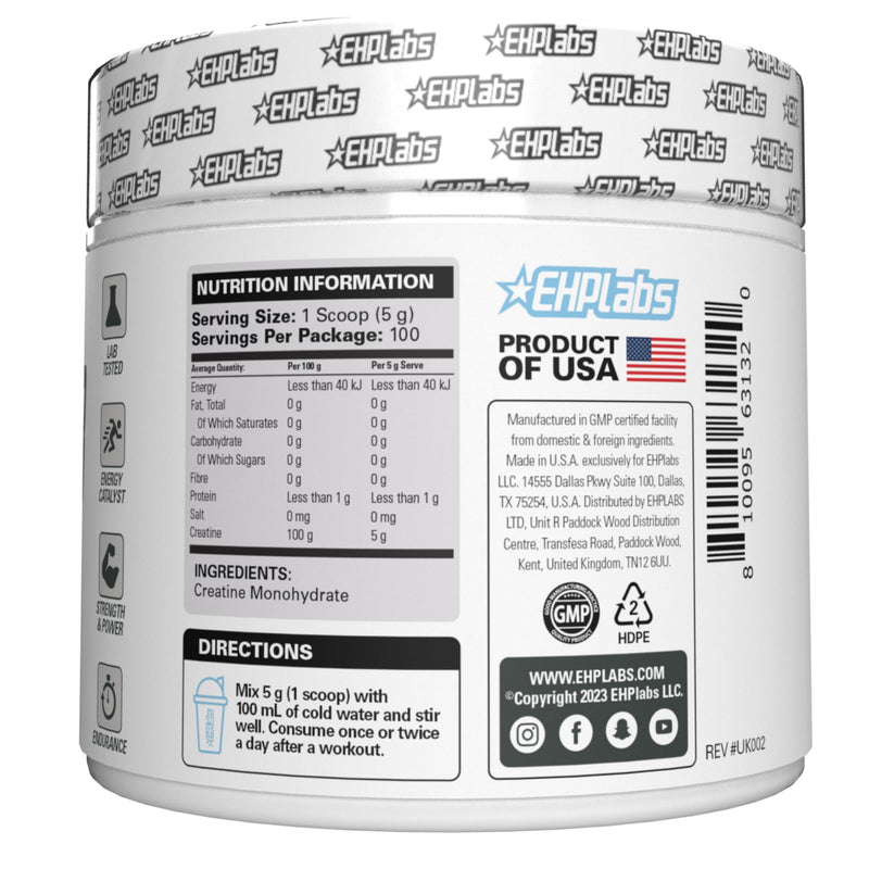 EHP Labs CREA-8 Micronized Creatine Monohydrate Powder - Unflavored Creatine Powder for Muscle Growth, Increased Strength, Enhanced Energy Output and Improved Performance - 100 Servings (500g) Unflavoured 100 Serves