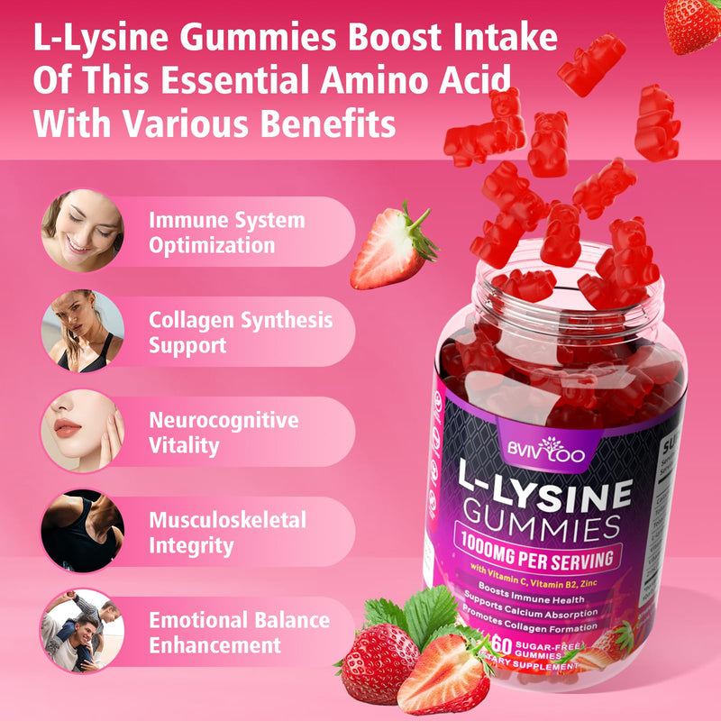 [Australia] - L-Lysine 1000mg Gummies for Immune Support & Skin Health - High Potency Vegan Gummies, Sugar-Free, Natural Berry Flavor, Gluten-Free Chewable Supplement for Adults & Kids - 60 Gummiess 1pack 
