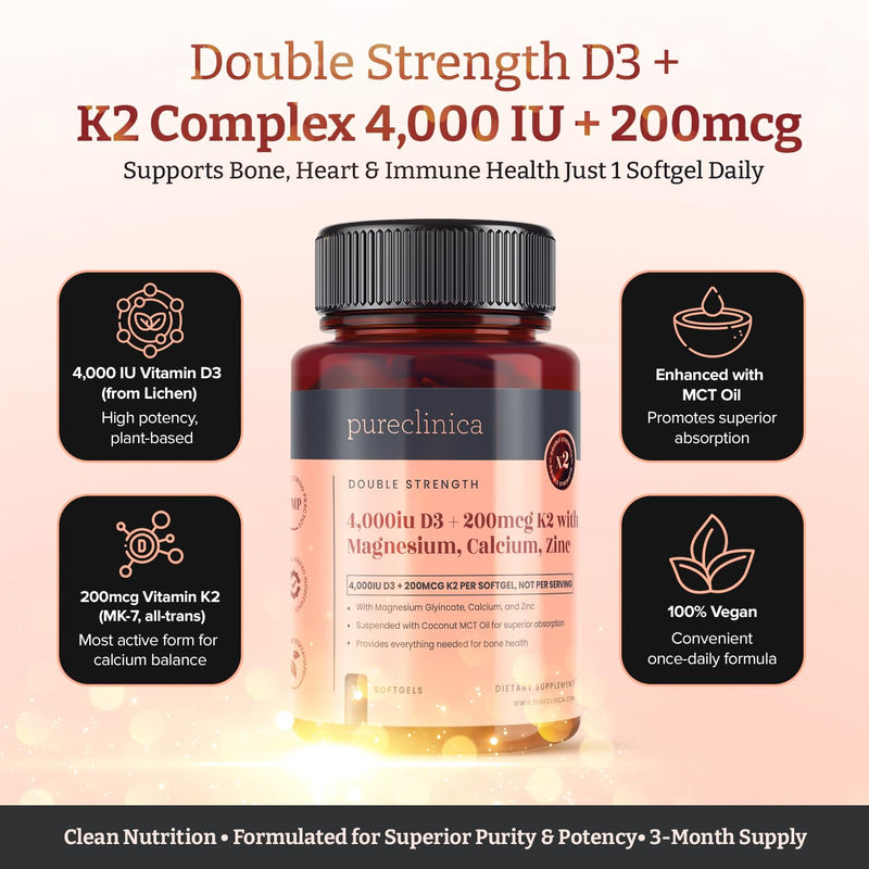 Double Strength D3 + K2 Complex x 90 Vegan Softgels – 4000 IU D3 + 200mcg K2 with Magnesium, Calcium & Zinc – 3 Months Supply 90 count (Pack of 1)