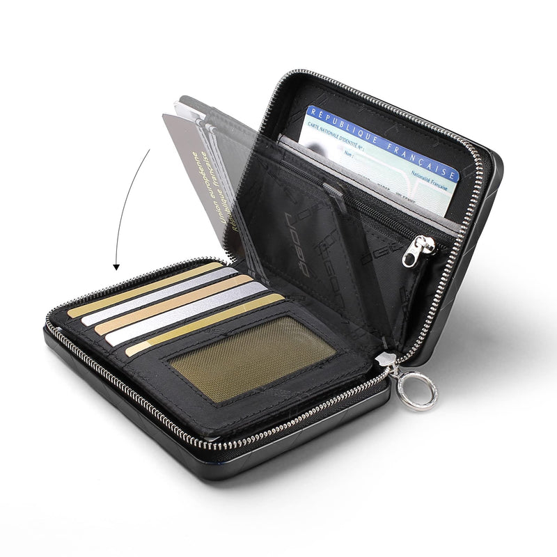 Aluminum Companion Wallet for women, RFID protection. Model: HELSINKI LARGE | Spacious travel wallet. Holds up to 15 cards, a passport, cash & coins. Zip closure keeps essentials secure. Black
