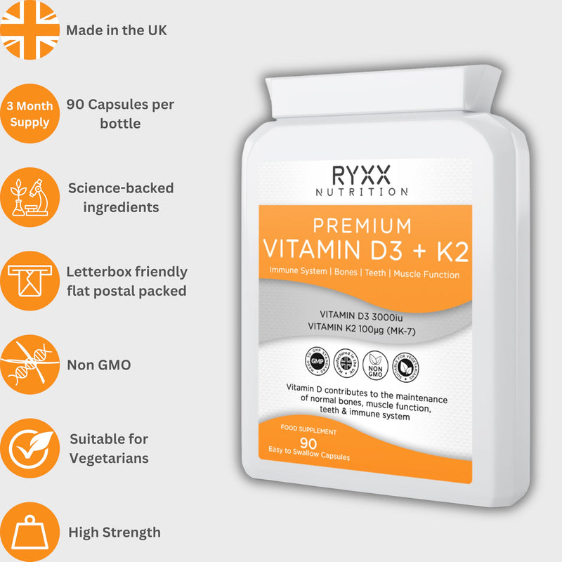 Vitamin D3 3000iu & K2 100µg (MK7) | High Strength Vitamin D3 + K2 Supplement | 90 Vegetarian Capsules | Made in the UK by RYXX