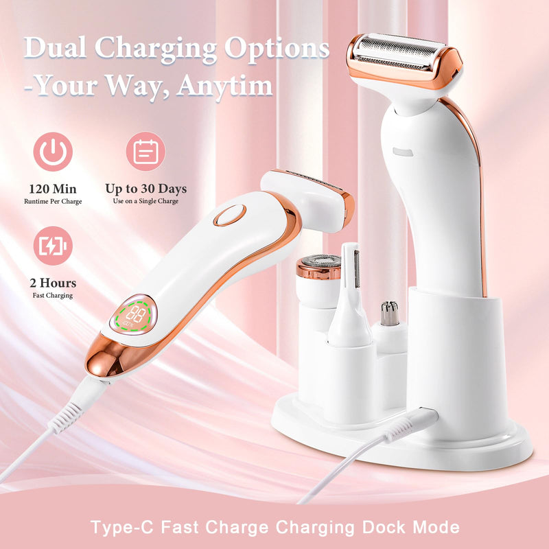 Bikini Trimmer for Women,4-in-1 IPX6 Waterproof Electric Shaver,Cordless Painless Electric Razors with LED Display for Legs Bikini Facial Hair Removal, Body Wet&Dry Use Razor Kit for Lady Grooming s White