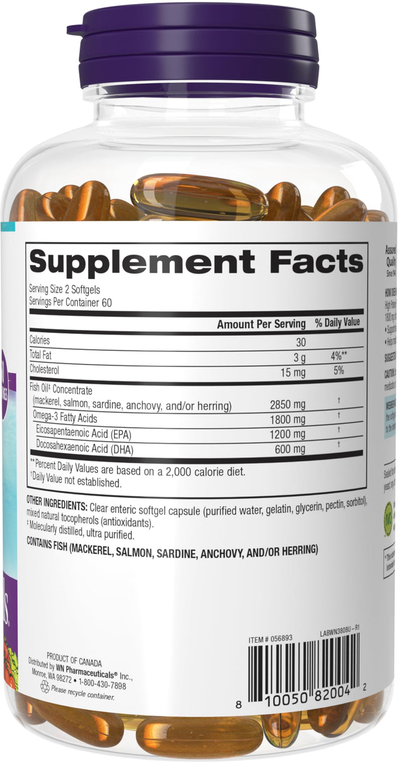 Webber Naturals Triple Strength Omega-3 Fish Oil, 1,800 mg Omega-3 (1,200 mg EPA / 600 mg DHA) per Serving, 120 Clear Enteric Softgels, No Fishy Aftertaste, for Heart, Brain and Joint Health