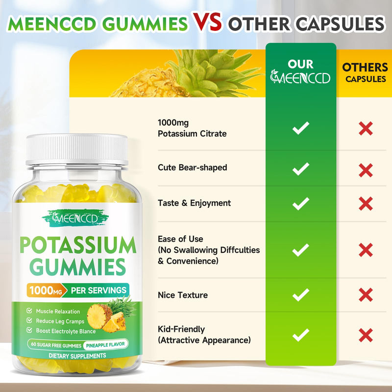[Australia] - Potassium Citrate Gummies 1000mg, High Potency Potassium Supplement Gummies for Adults Women & Men, Support Leg Cramps & Muscle Health, Sugar-Free, Pineapple Flavor, 60 Count 60 Count (Pack of 1) 