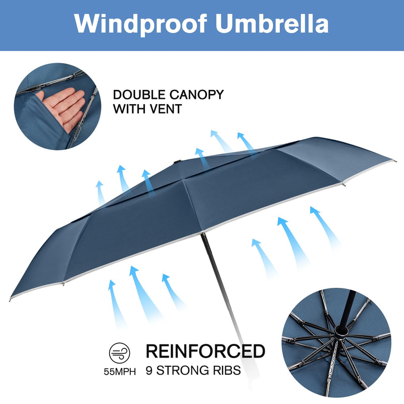 G4Free Windproof 42 Inch Travel Umbrella, Strongest Fiberglass Frame, Double Canopy with Reflective Strip, Autotomatic Folding Umbrella +54 Inch UPF50+ Auto Open UV Sun Golf Umbrella, for Rain & Sun