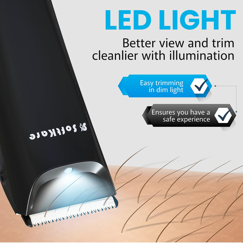 [Australia] - SoftKare Groin Hair Trimmer for Men - Safe Ball Shaver, Replaceable Ceramic Blade Heads & Charging Base, Electric Body Groomer with Light Power Display, Waterproof Wet / Dry Use Male Razor Black 