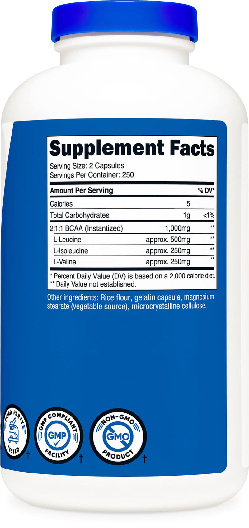 Nutricost BCAA 1000mg, 500 Capsules (250 Serv), 2:1:1 Branched Chain Amino Acids (500mg of L-Leucine, 250mg of L-Isoleucine and L-Valine) 500 Count (Pack of 1)