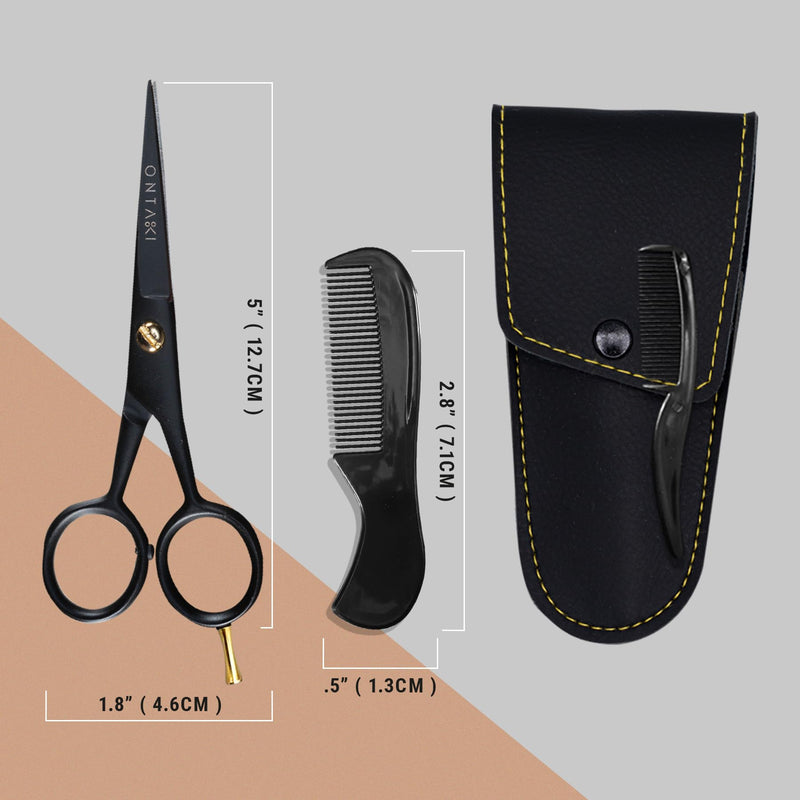 [Australia] - ONTAKI Professional German Steel Beard Scissors 5" Men's Mustache Scissors with Beard Comb and Carry Case Hand Forged Bevel Edge Precision Facial Hair - Black 