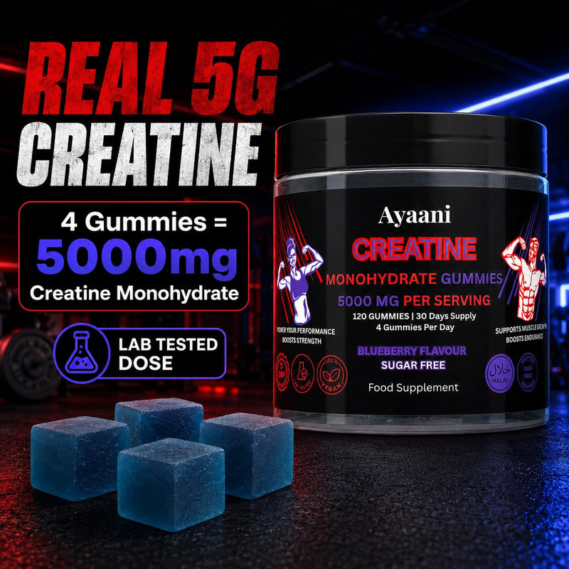 Creatine Gummies 5000mg | Real 5g Lab-Tested Creatine Monohydrate Dose | Sugar Free Vegan Halal Blueberry Gummies | No Powder, Scoop or Shaker | Strength, Power & Muscle Gains | 120
