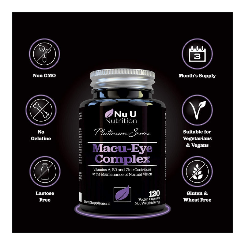 Macu Eye Supplement 120 Vegan Capsules, 4 Month Supply with Lutein, Zeaxanthin, Bilberry Extract, Beta Carotene & Eye Vitamins A, B2 & E Plus Zinc for Maintenance of Normal Vision, Made in The UK