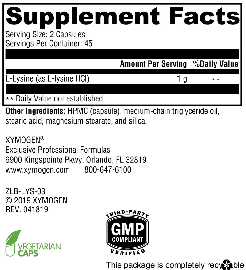[Australia] - XYMOGEN L-Lysine 1000mg Capsules - Amino Acid Supplement to Support Synthesis of Collagen, Provides Balance to a High Intake of Arginine (90 Capsules) 