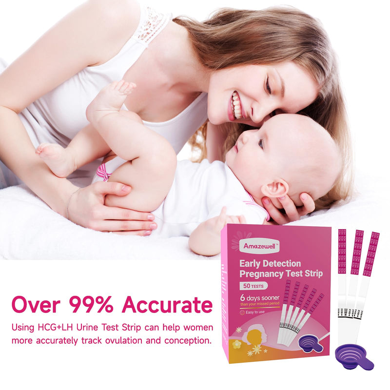 Early Detection Pregnancy Test Strips, Amazewell hCG Test Strips Easy at Home Pregnancy Tests Bulk, Over 99% Accuracy, 50 Pack Pregnancy Test Kits for Women with 1 Reusable Urine Cup
