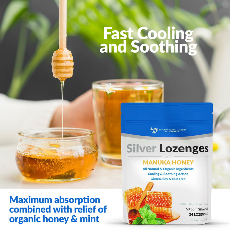[Australia] - Silver Lozenges with Organic Manuka Honey and Vitamin C - All-Natural Nano Silver 45-50mcg of 60 PPM Colloidal Silver Mineral Drops to Support Immune System, Soothe, Cool Cough & Throat, 24-Lozenges 24 Count (Pack of 1) 