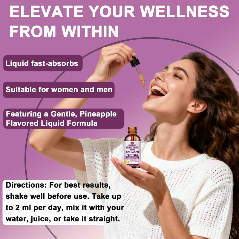 Liquid Collagen for Women & Men, Multi Hydrolyzed Collagen Peptides | Fast Acting Hidrolizado Collagen Types I, II, III, V, X, Proteins w. Hyaluronic Acid, Biotin Vitamin C for Hair, Skin & Nails Pineapple 2 Fl/Oz (Pack of 1)