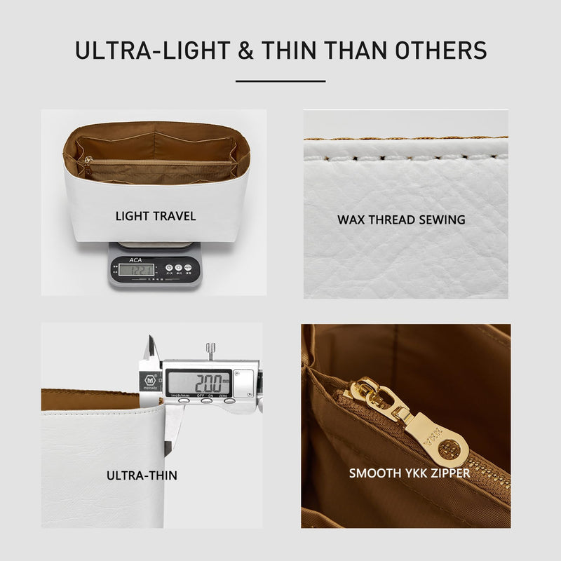 Tyvek Purse Organizer Insert for LV Speedy 30 Bag, White Brown | Speedy 30 Insert, Waterproof Lightweight Monogram Bag Insert, YKK Zipper, 11 Pockets Storage, Cup Holder, Handbag Protector White&Brown