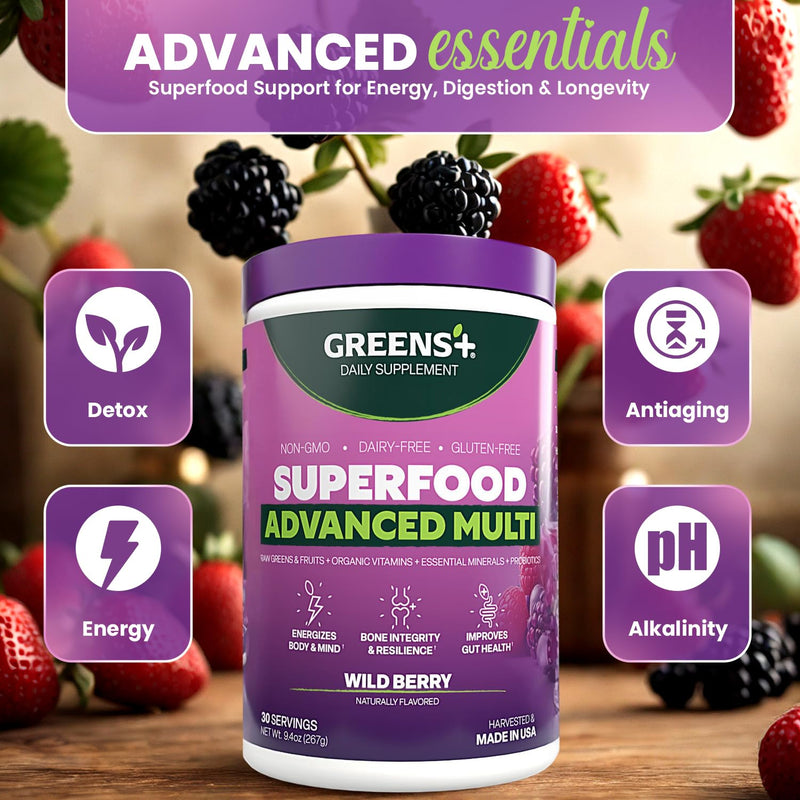 Greens+ Advanced Multi Wild Berry Superfood Powder | Organic Blend | 9.4 oz | Dietary Supplement with Vitamins & Minerals | Vegan | Non-GMO | Soy-Free | Dairy-Free | Gluten-Free | Naturally Flavored Wildberry