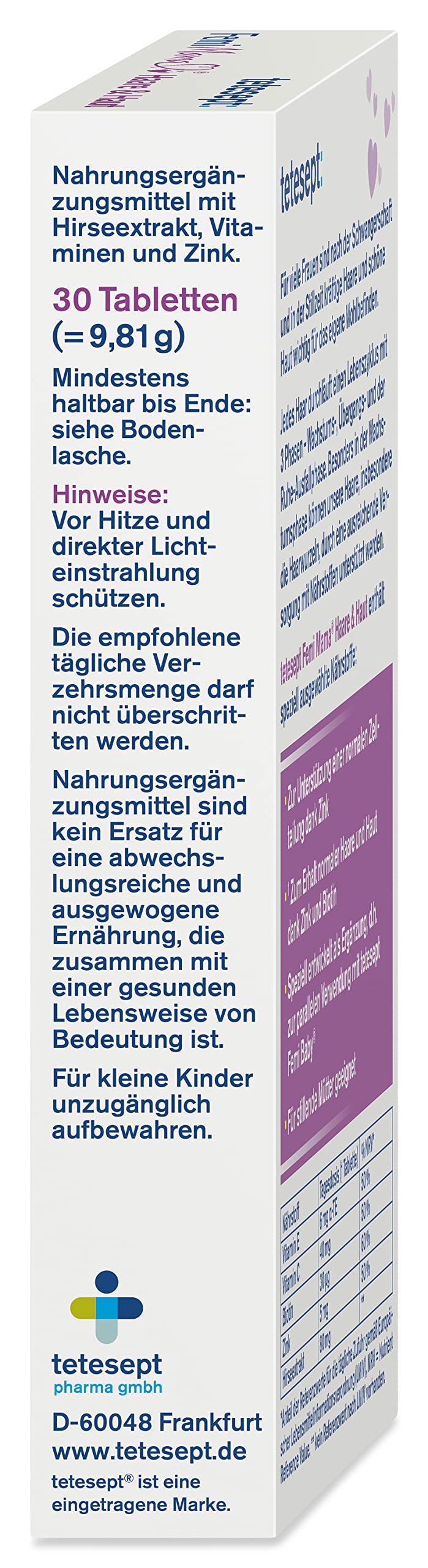 [Australia] - tetesept Femi Mama Hair & Skin - Selected nutrients for maintaining strong hair & beautiful skin - Dietary supplement ideal after pregnancy - 5 x 30 tablets Femi Mama Hair + Skin 