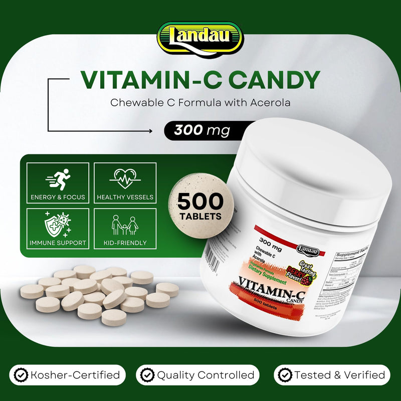 LANDAU 300mg Chewable Vitamin C Candy for Kids & Adults – Easy-to-Take Vitamin C Supplement with Acerola – Kosher & Made in The USA – Great Tasting Berry Flavor, (500 Count) 500 Count (Pack of 1)