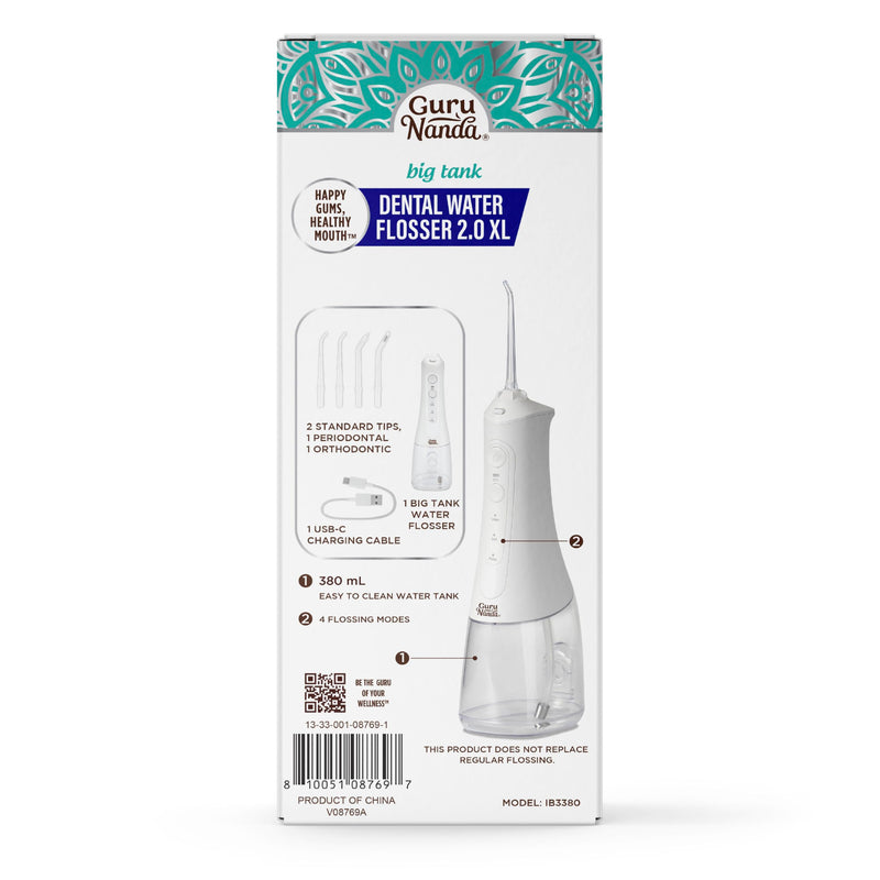 [Australia] - GuruNanda Water Dental Flosser 2.0 XL ‚Äì 380ML Large Tank, 4 Flossing Modes, Cordless & Portable with Smart Timer for Deep Cleaning & Happy Gums - White 