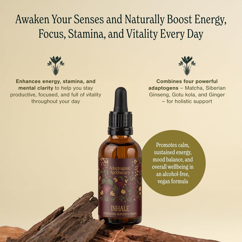 Inhale – Premium Vitality Drops | Daily Botanical Glycerite with Ginger, Matcha, Gotu Kola & Siberian Ginseng | Alcohol-Free | 50ml, 25 Servings | UK-Made, Vegan